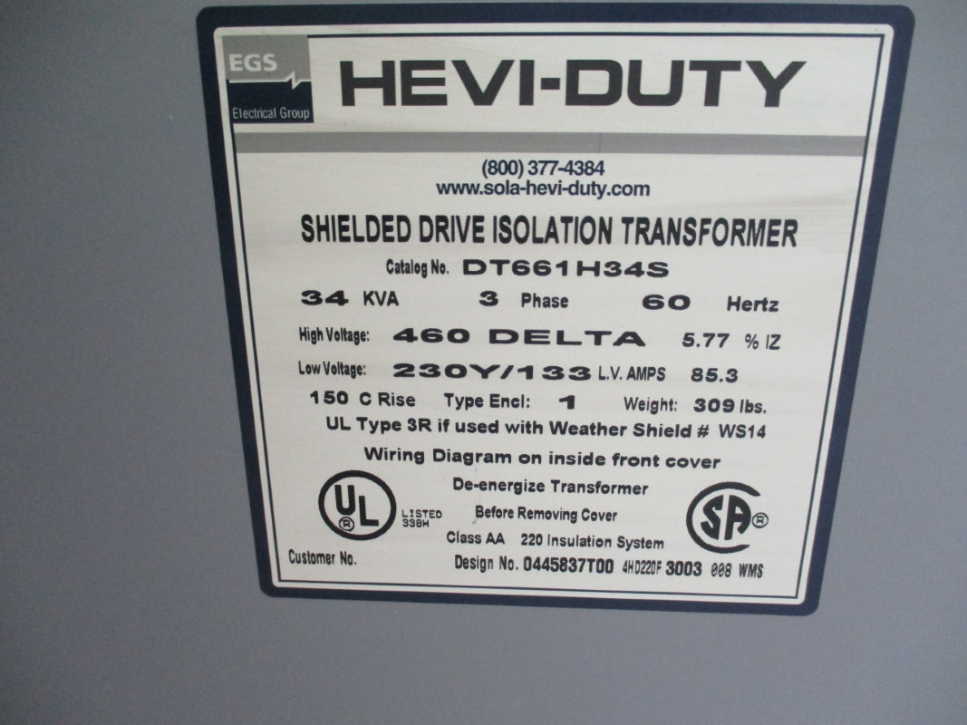 SOLA HEVI-DUTY DT661H34S 460V 85.3A 34KVA NSNP