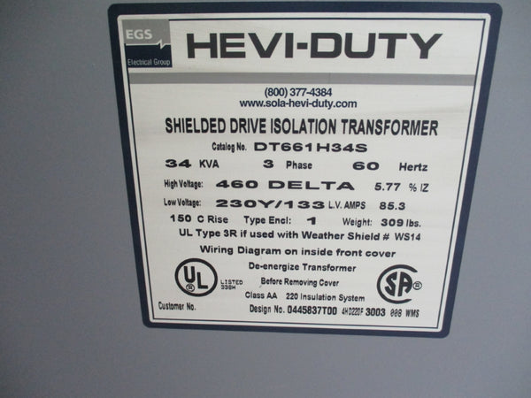 SOLA HEVI-DUTY DT661H34S 460V 85.3A 34KVA NSNP