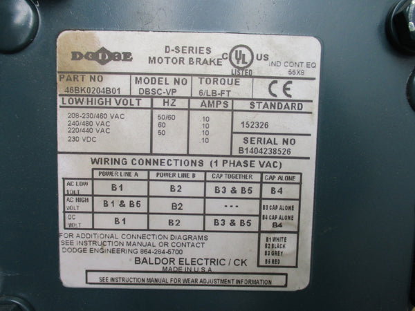 BALDOR VBM3542-D MOTOR W DODGE DBSC-VP BRAKE 208-230/460V 2.9-2.8/1.4A NSMP