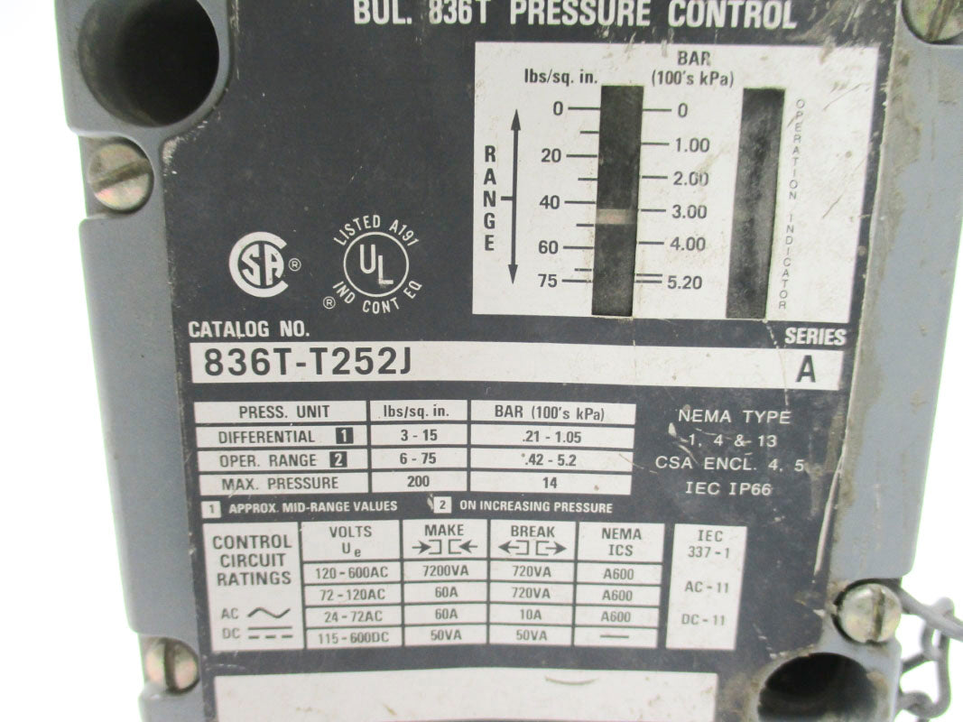 ALLEN BRADLEY 836T-T252J SER. A 120-600VAC 60A 6-75PSI UNMP