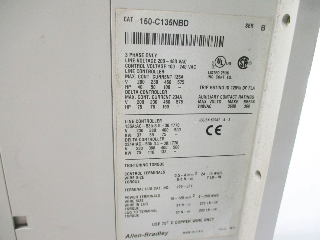 ALLEN BRADLEY 150-C135NBD SER. B 200-480VAC 135A UNMP