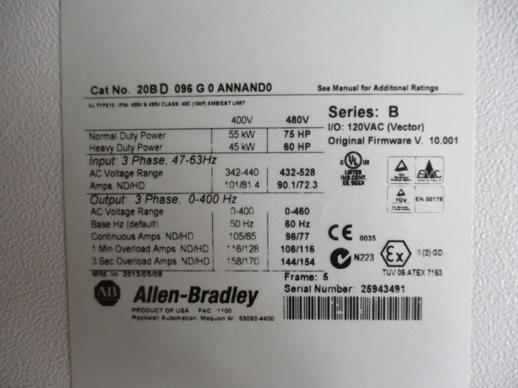 ALLEN BRADLEY 20BD096G0ANNAND0 SER. B F/W 10.001 96A 480VAC NSMP