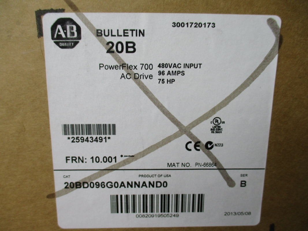 ALLEN BRADLEY 20BD096G0ANNAND0 SER. B F/W 10.001 96A 480VAC NSMP