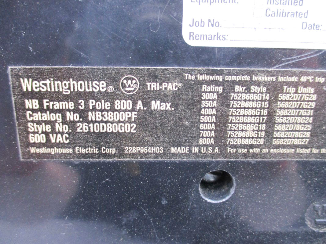 WESTINGHOUSE NB3800PF 2610D80G02 600VAC 800A NSNP