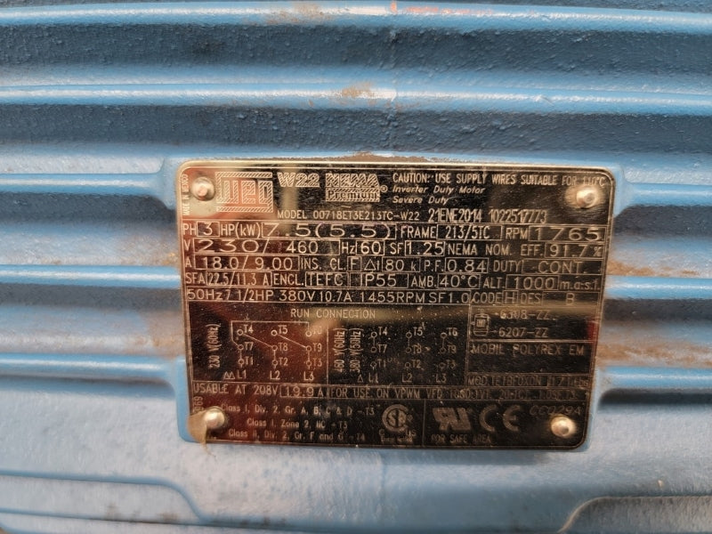 WEG 00718ET3E213TC-W22 21ENE2014 1022517773 230/460V 18.0/9.00A NSNP