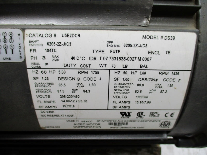 NIDEC U5E2DCR DS39 208-230/460V 14.00-12.70/6.30A NSNP