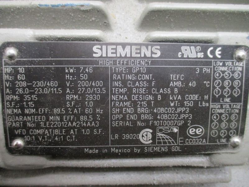 SIEMENS 10 HP 1LE22012AA214AA3 GP10 208-230/460V 26.0-23.0/11.5A NSNP