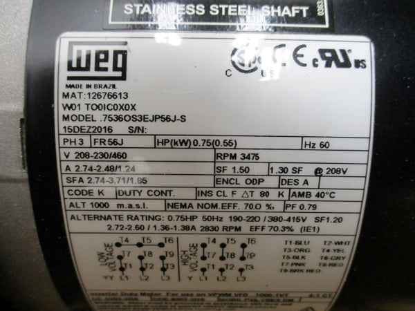 PUMP SOLUTIONS 012NSESS45.75O3362# W/ WEG 15DEZ2016 .7536OS3EJP56J-S 208-230/460V 2.74-2.48/1.24A NSMP