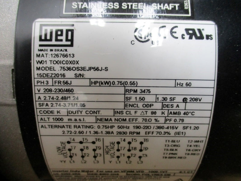 PUMP SOLUTIONS 012NSESS45.75O3362# W/ WEG 15DEZ2016 .7536OS3EJP56J-S 208-230/460V 2.74-2.48/1.24A NSMP