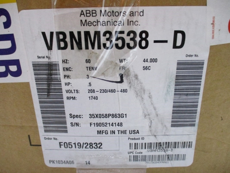 BALDOR VBNM3538-D 208-230/460-480V 1.8-1.6/.8-.85A NSMP