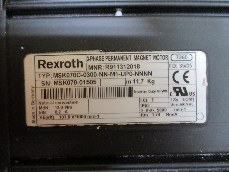 REXROTH R911312018 MSK070C-0300-NN-M1-UP0-NNNN 600VAC 8.2A NSMP
