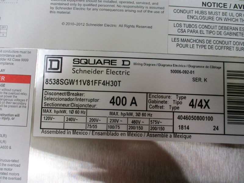 SQUARE D COMBO STAINLESS 8538SGW11V81FF4H30T SER. K 575V 400A NSNP