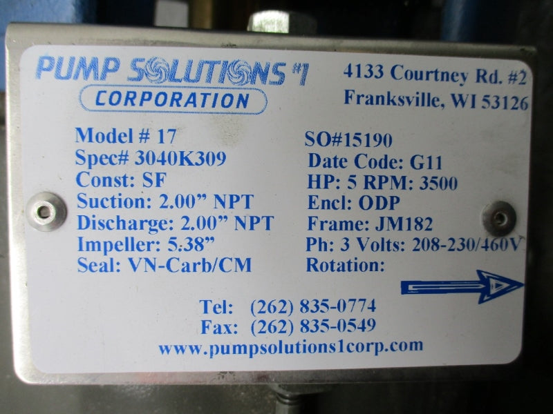 PUMP SOLUTIONS MODEL 17 3040K309 W/ WEG 00536OS3E182JM 208-230/460V 13.80-12.50/6.25A NSNP