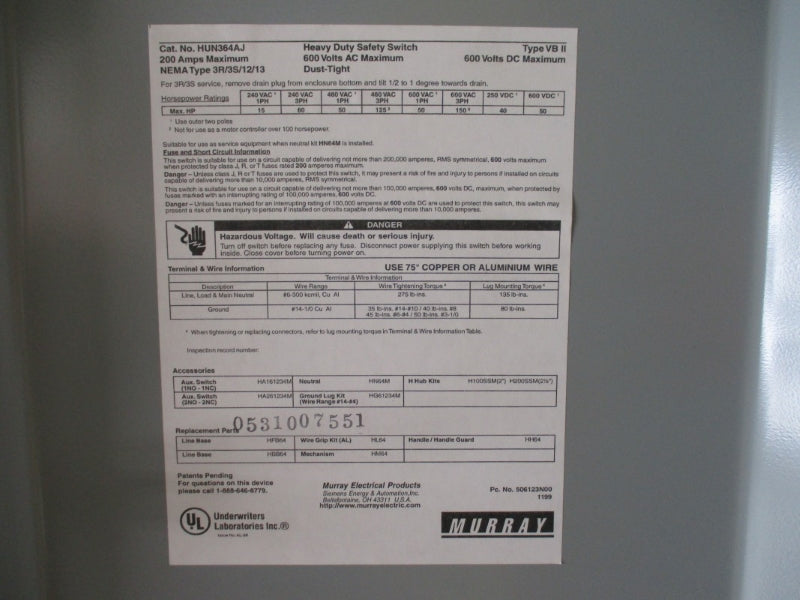 MURRAY ELECTRICAL PRODUCTS HUN364AJ 600VAC 200A NSMP