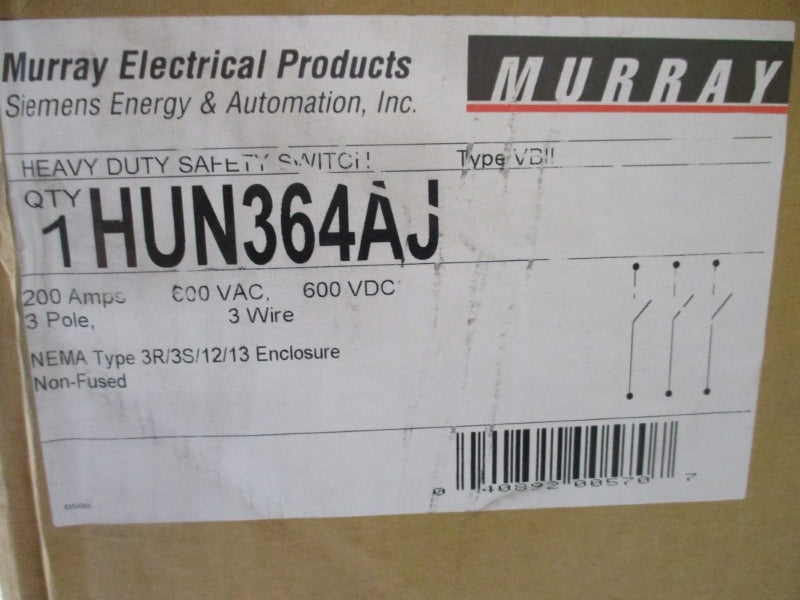 MURRAY ELECTRICAL PRODUCTS HUN364AJ 600VAC 200A NSMP
