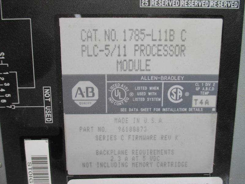 ALLEN BRADLEY 1785-L11B SER. C F/W K 5VDC 2.3A (NO KEY) UNMP