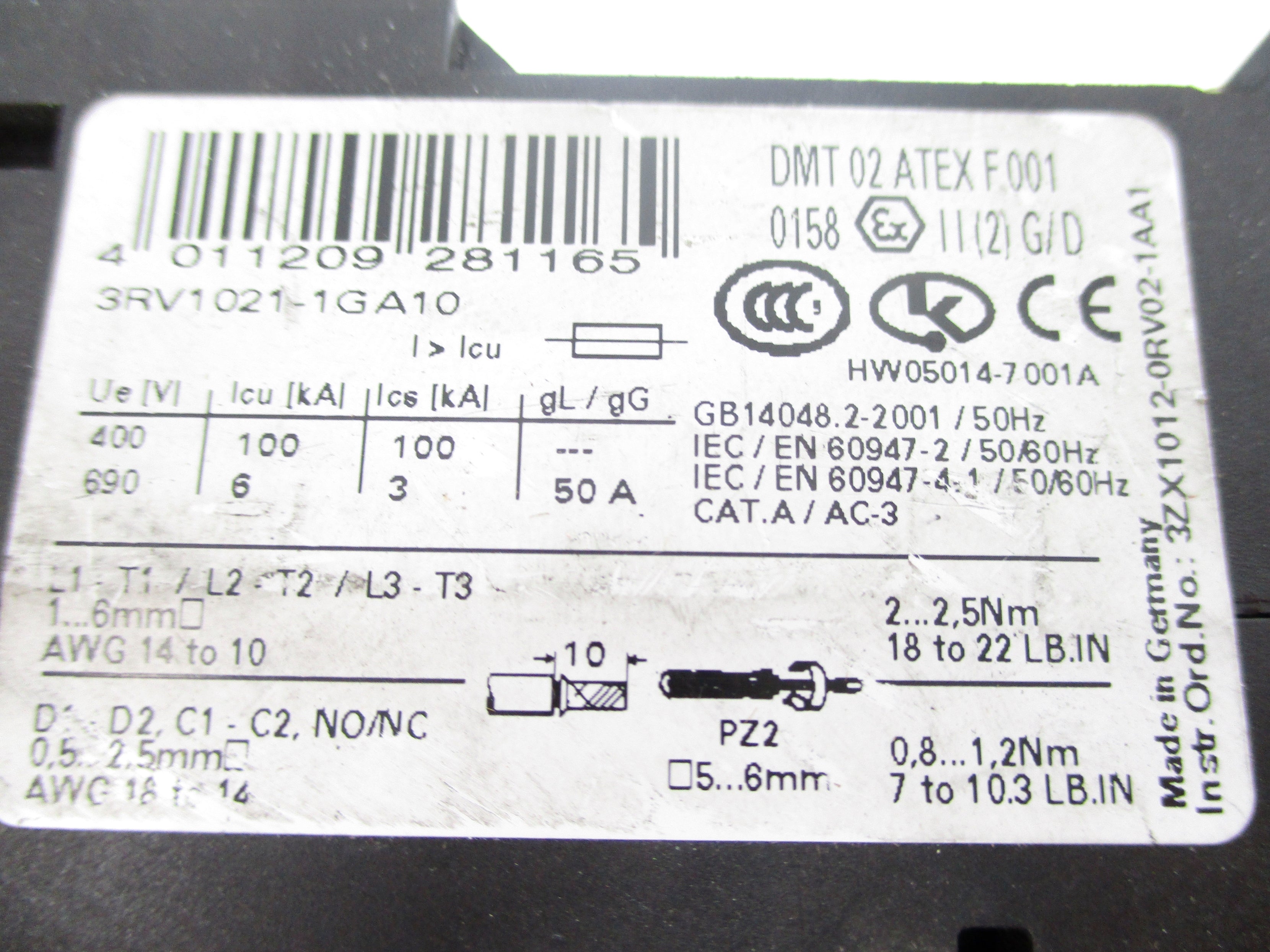 SIEMENS 3RV1021-1GA10 4.5-6.3A 600V (AS PICTURED) NSNP