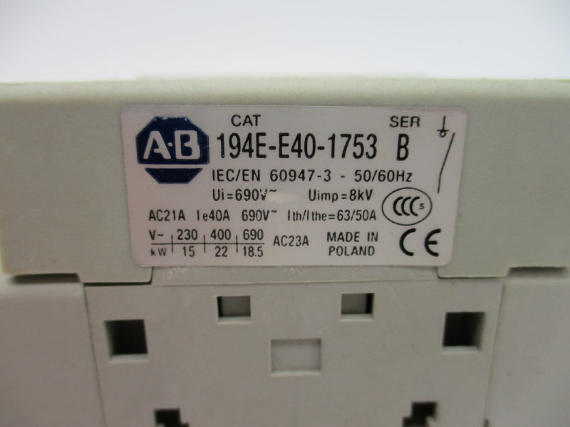 ALLEN BRADLEY 194E-E40-1753-6N SER. B 690V 50A (BR/WH) (AS PICTURED) NSMP