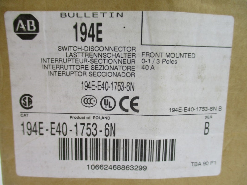 ALLEN BRADLEY 194E-E40-1753-6N SER. B 690V 50A (BR/WH) (AS PICTURED) NSMP