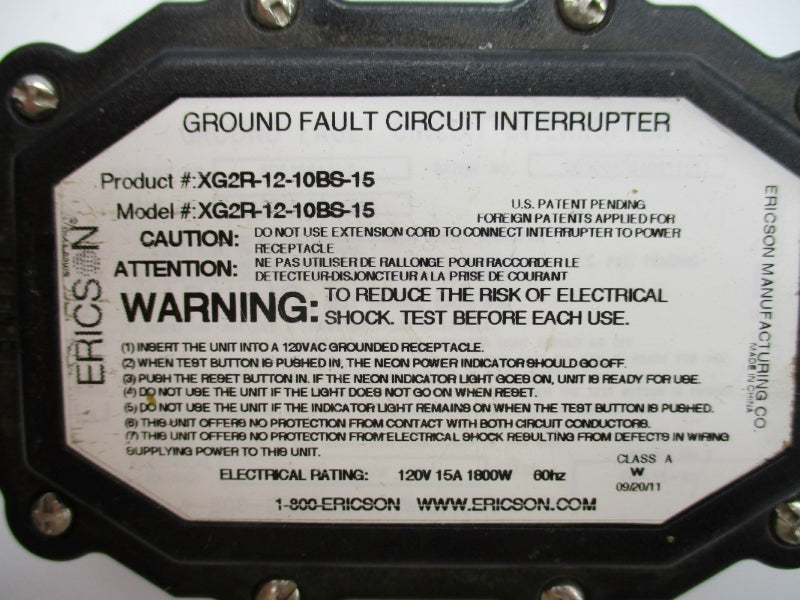ERICSON XG2R-12-10BS-15 120V 15A UNMP