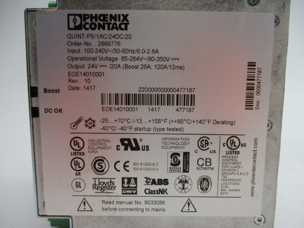 PHOENIX CONTACT QUINT-PS/1AC/24DC/20 2866776 100-240V 6.0-2.6A NSNP