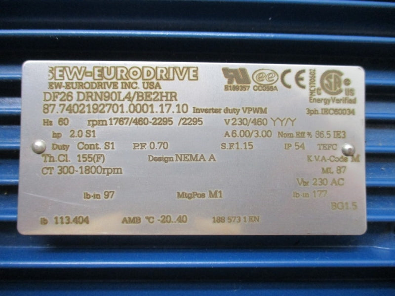 SEW-EURODRIVE DF26DRN90L4/BE2HR 230/460V 6.00/3.00A NSNP