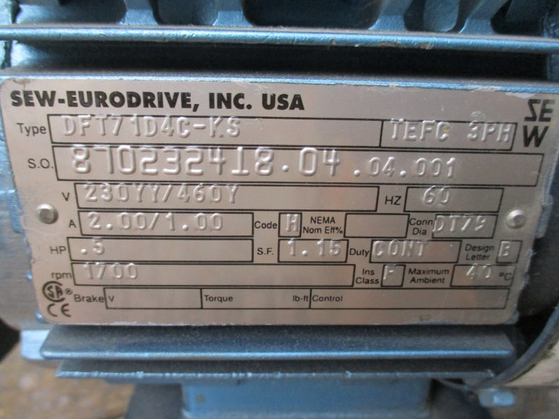 SEW-EURODRIVE FA47BDT71D4C-KS W/ DFT71D4C-KS 230/460V 2.00/1.00A NSNP