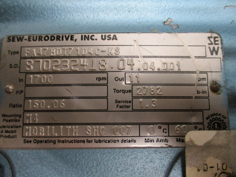 SEW-EURODRIVE FA47BDT71D4C-KS W/ DFT71D4C-KS 230/460V 2.00/1.00A NSNP