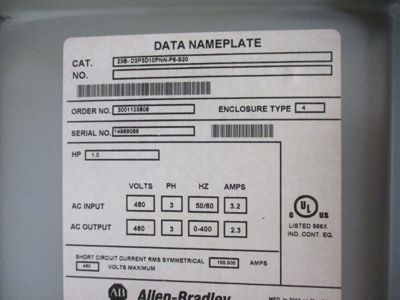 ALLEN BRADLEY 23B-D2P3D10PNN-P6-S20 SER. A 480VAC 2.3A (BR/WH) NSMP