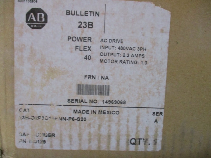 ALLEN BRADLEY 23B-D2P3D10PNN-P6-S20 SER. A 480VAC 2.3A (BR/WH) NSMP