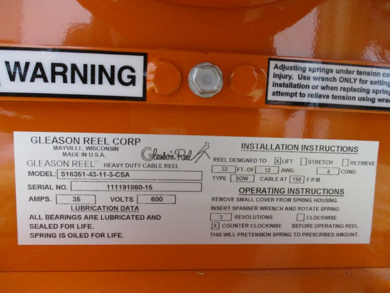 GLEASON REEL S16351-43-11-3-CSA 600V 35A 32FT 150FPM NSNP