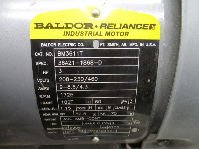 BALDOR BM3611T W/ STEARNS 76BK4100DPF 208-230/460V 9-8.6/4.3A NSNP