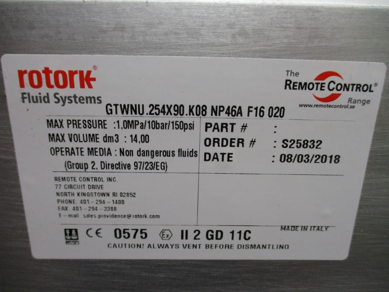 ROTORK GTWNU.254X90.K08NP46AF16020 150PSI NSNP