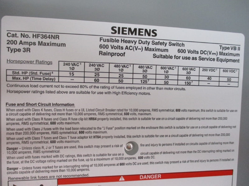 SIEMENS HF364NR 600VDC 200A NSMP