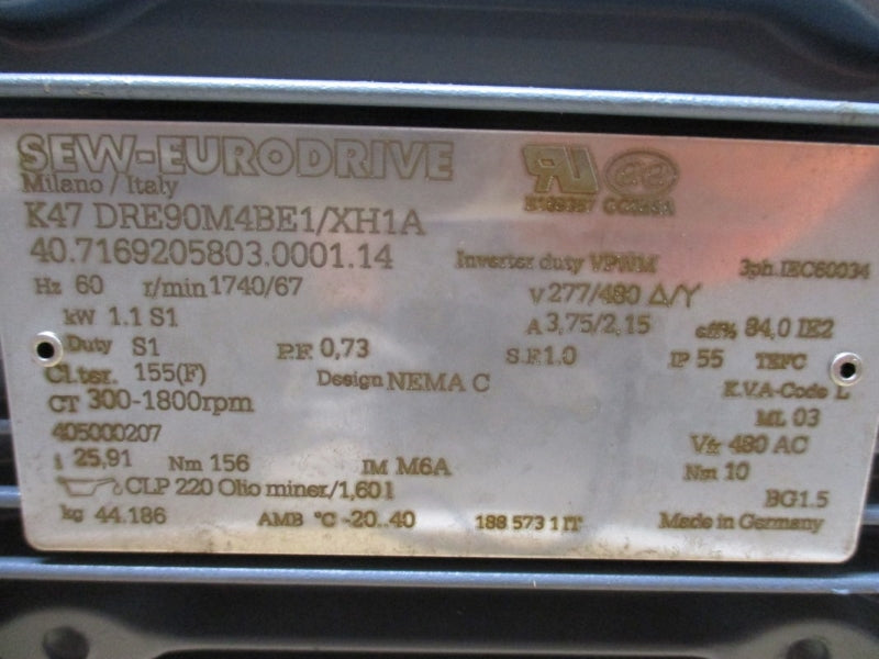 SEW-EURODRIVE K47DRE90M4BE1/XH1A 15631990 277/480V 3.75/2.15A NSNP