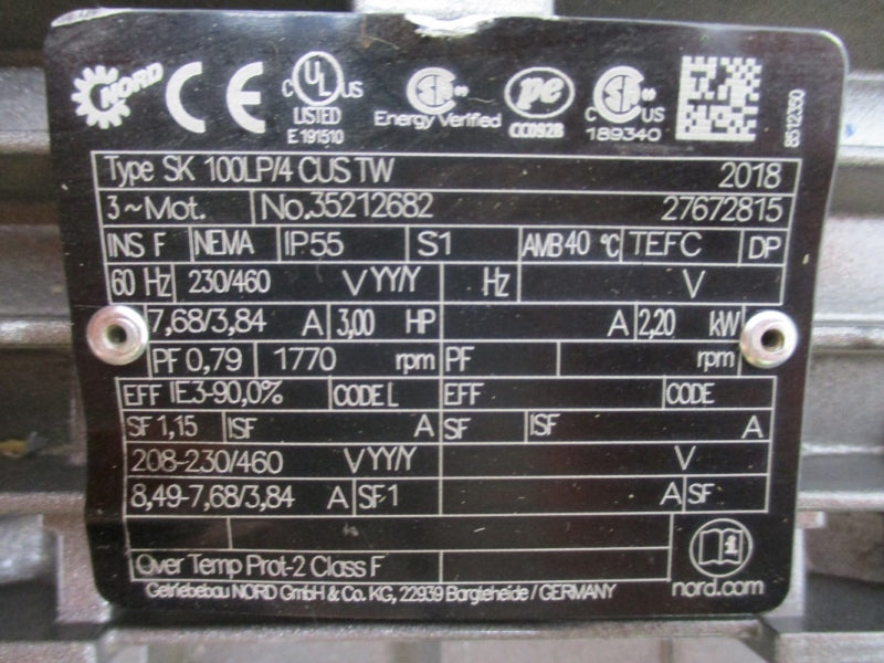 NORD DRIVE SYSTEMS 9022.1SCP-100LP/4CUS W/ SK100LP/4CUSTW 230/460V 7.68/3.84A NSNP
