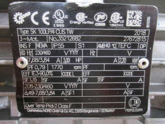 NORD DRIVE SYSTEMS 9022.1SCP-100LP/4CUS W/ SK100LP/4CUSTW 230/460V 7.68/3.84A NSNP