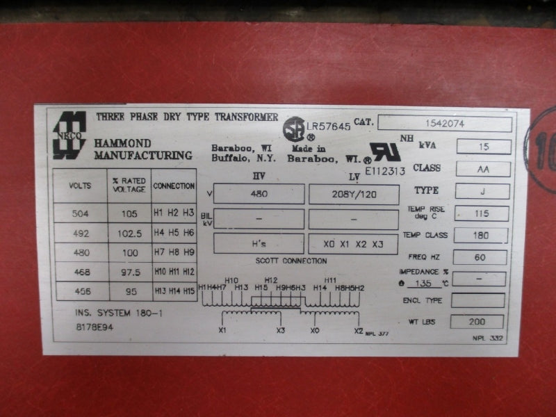 HAMMOND MANUFACTURING 1542074 480V 15 KVA TYPE J NSMP