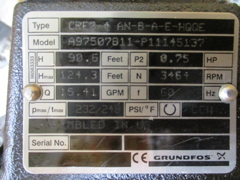 GRUNDFOS CRE3-4 AN-B-A-E-HQQE 208-230V 3.90-3.50A NSMP