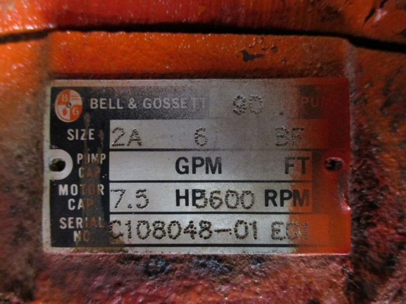BELL & GOSSETT 90 2A-6-BF W/ MARATHON ELECTRIC 4VJ184TTDR7325DTL 208-230/460V 21-19.4/9.7A NSNP