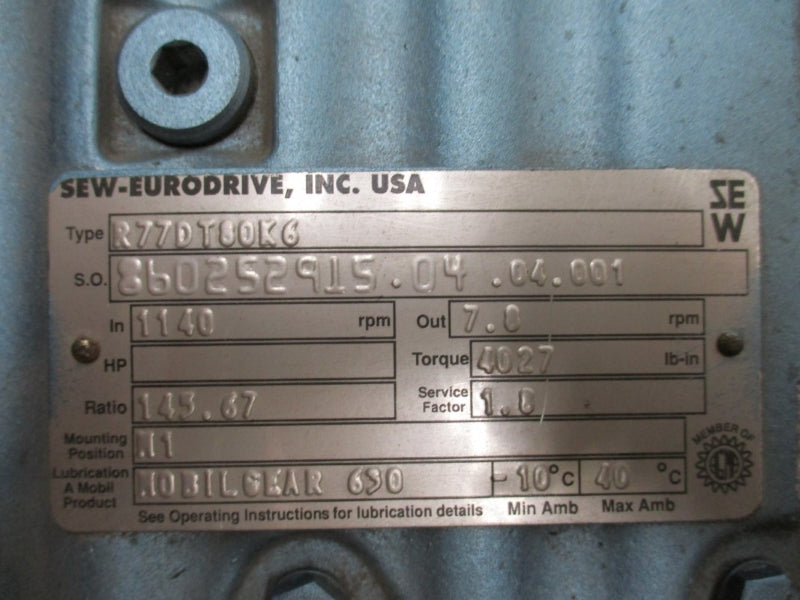 SEW-EURODRIVE DFT80K6 W/ R77DT80K6 230/460V 2.5/1.25A NSNP