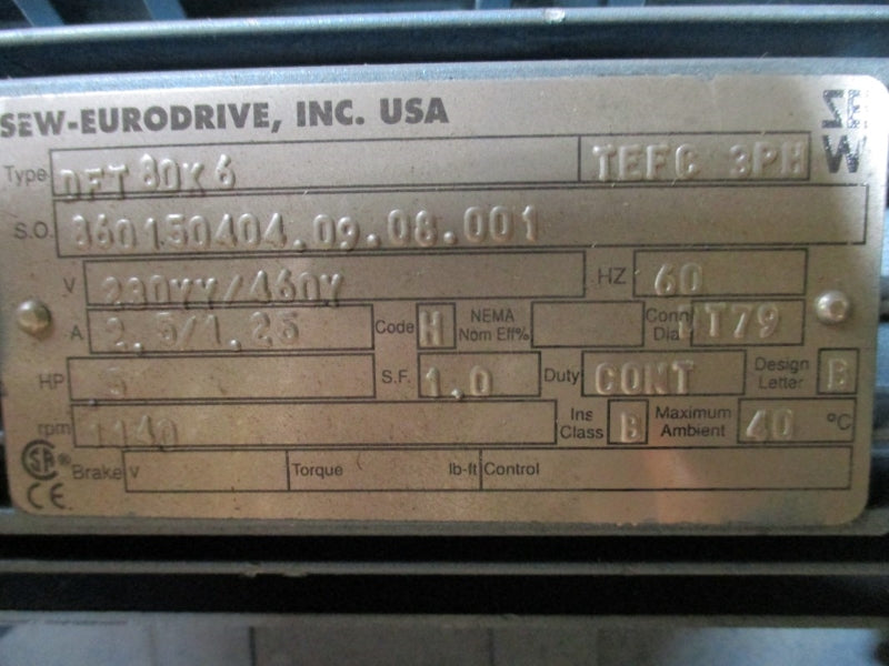 SEW-EURODRIVE DFT80K6 W/ R77DT80K6 230/460V 2.5/1.25A NSNP