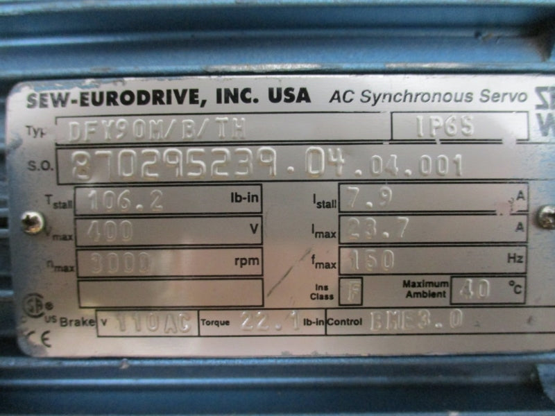 SEW-EURODRIVE DFY90M/B/TH W/ K77DY90M/B/TH 400V 23.7A NSNP