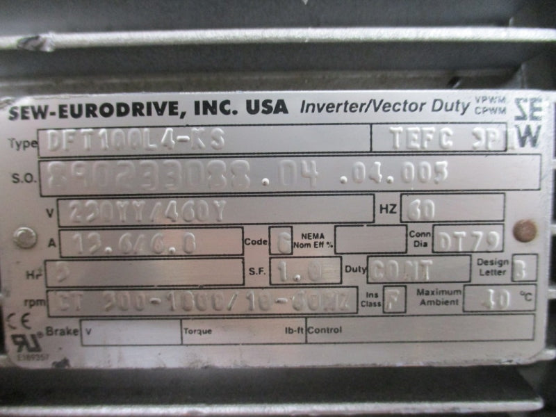 SEW-EURODRIVE DFT100L4-K3 W/ K37DT100L4-KS 230/460V 13.6/6.8A NSNP