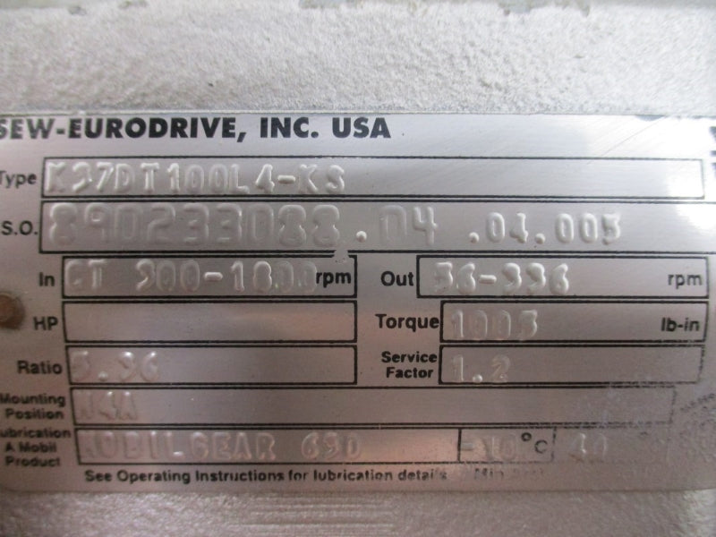 SEW-EURODRIVE DFT100L4-K3 W/ K37DT100L4-KS 230/460V 13.6/6.8A NSNP