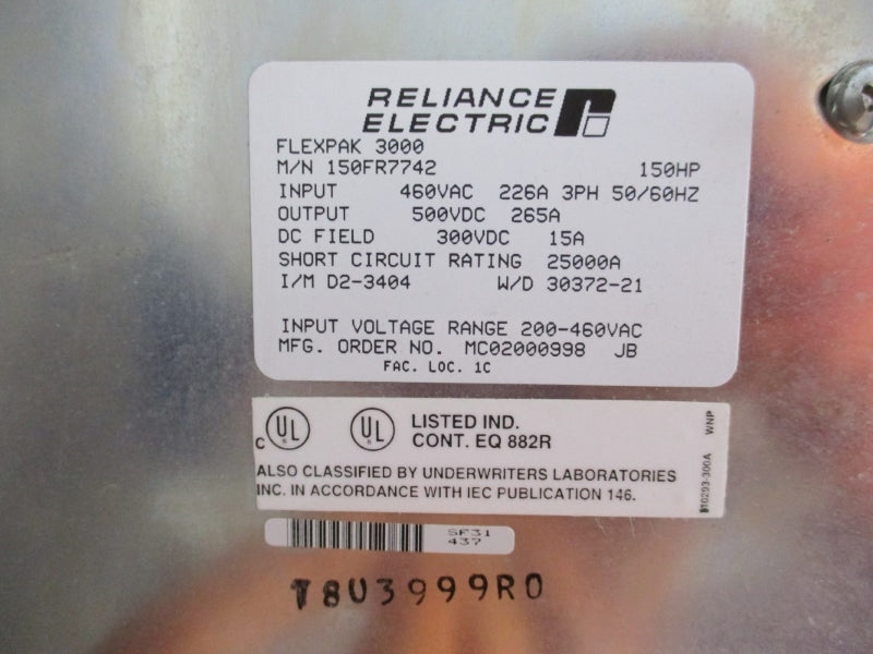 RELIANCE ELECTRIC FLEXPAK3000 150FR7742 460VAC 226A NSNP