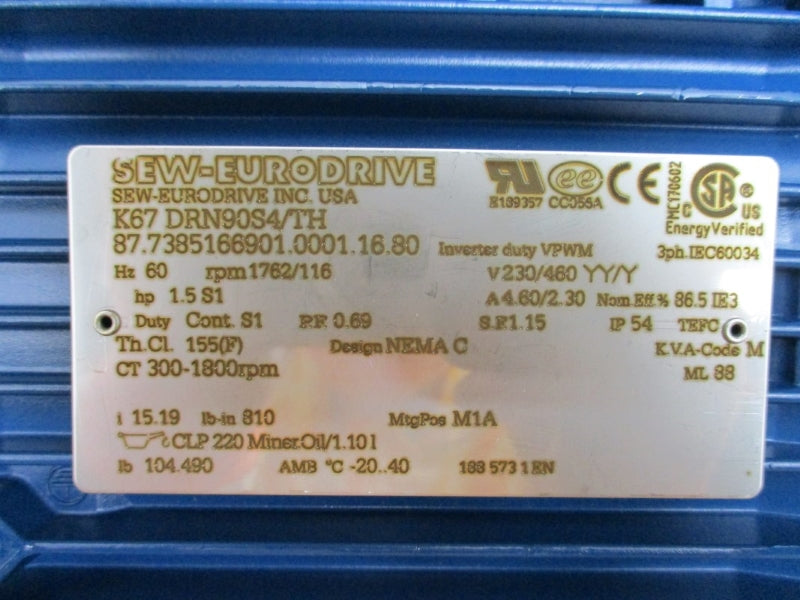 SEW-EURODRIVE K67DRN90S4/TH 87.7385166901.0001.16.80 230/460V 4.60/2.30A NSMP