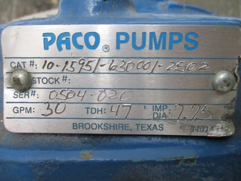 PACO PUMPS 10-1595/-63000/-2502 W/ WEG 00158ES3E145JM 208-230/460V 4.81-4.37/2.19A (AS PICTURED) NSNP