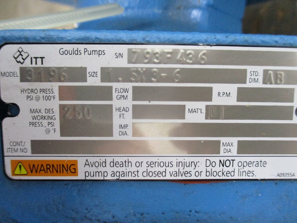 GOULDS PUMPS 3196 250PSI 1.5X3-6" NSNP