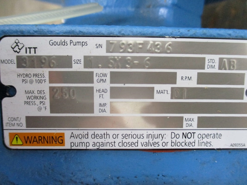 GOULDS PUMPS 3196 250PSI 1.5X3-6" NSNP
